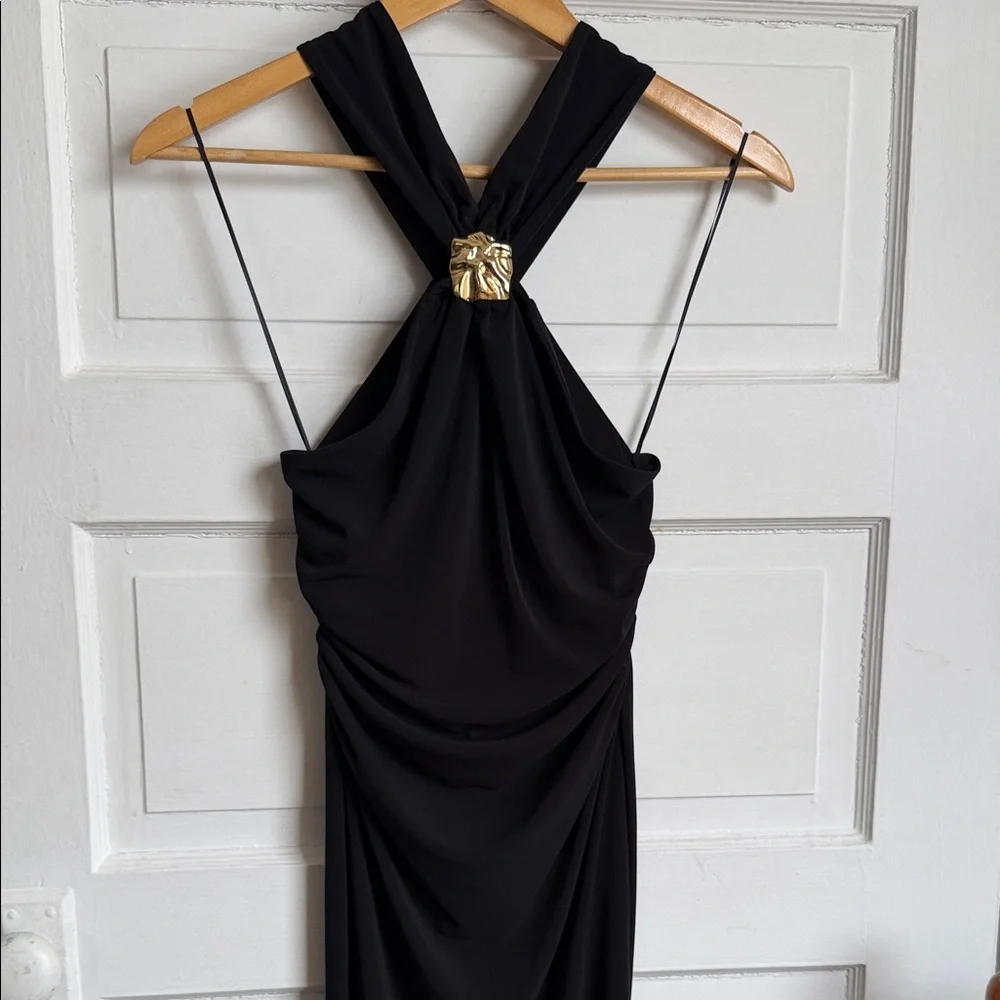 Zara Black Fitted Wrap Midi Dress Gold Neck Detail Criss-cross Back Slit NWT S